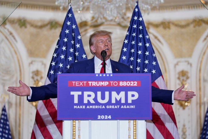 Former President Donald Trump speaks at his Mar-a-Lago home on April 4, 2023, in Palm Beach, Fla., after being indicted in New York City. After appearing in the first court in the New York case, the first of several in legal jeopardy, Trump reviewed the various investigations he faced and marked as "massive" trying to disrupt the 2024 election. (AP Photo/Evan Vucci, File)