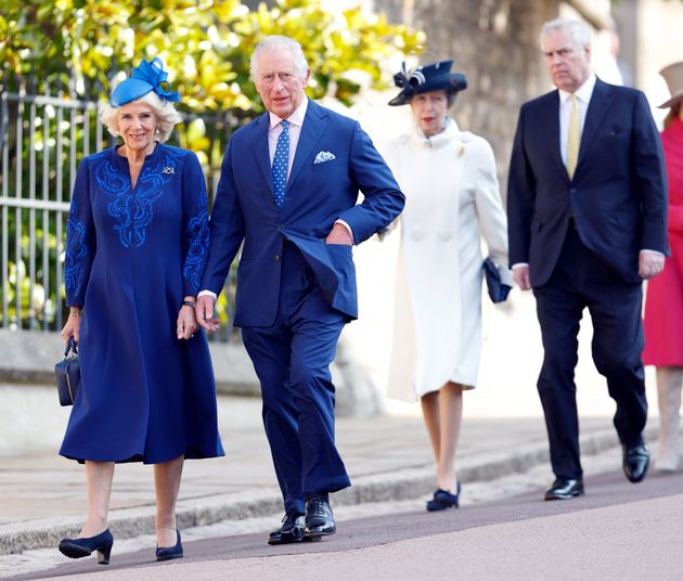 Queen Camilla, King Charles, Princess Anne, Princess Royal and Prince Andrew attend the traditional Easter Sunday Mattins Service at St. George's Chapel, Windsor Castle on Sunday in Windsor, England.