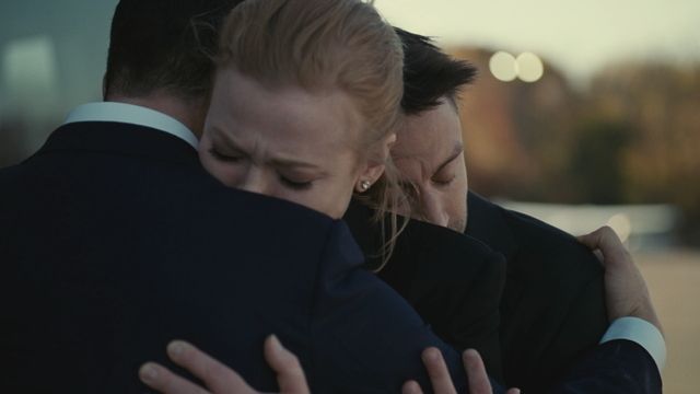From Left: Kendall (Jeremy Strong), Shiv (Sarah Snook) and Roman Roy (Kieran Culkin) share a rare moment of affection after the death of their father, media mogul Logan Roy (Brian Cox), in Sunday night's stunning episode of HBO's "Succession."