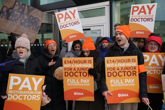 Striking NHS junior doctors on the picket line outside Queen Elizabeth hospital in Birmingham.