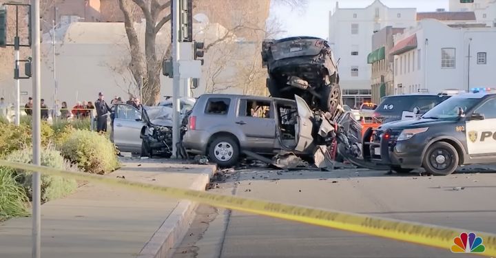 A woman died in a three-car crash in Woodland, California, on Saturday.