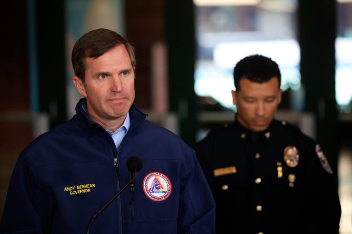 Gov. Andy Beshear speaks during a news conference after a gunman opened fire at the Old National Bank building in Louisville on Monday, killing and wounding multiple people.