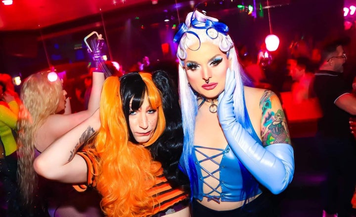 The author (left) with Boston drag icon Violencia Exclamation Point in February. "This was five months after I started to do drag," they write.