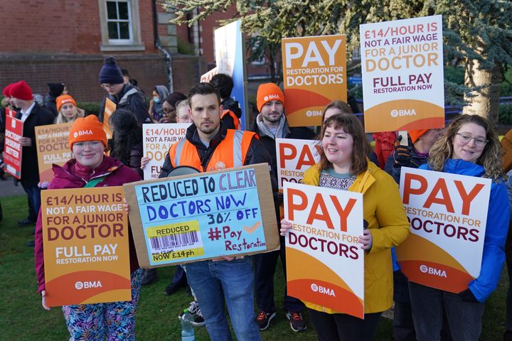 Striking NHS junior doctors on the picket line outside Leicester Royal Infirmary as the BMA holds a 96-hour walkout in a dispute over pay.