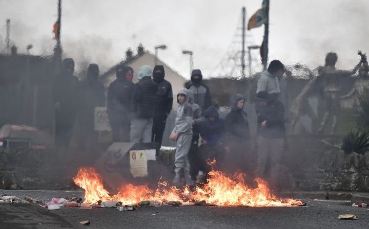 Dissident republican youths create a road block following an illegal Dissident march in the Creggan area on April 10
