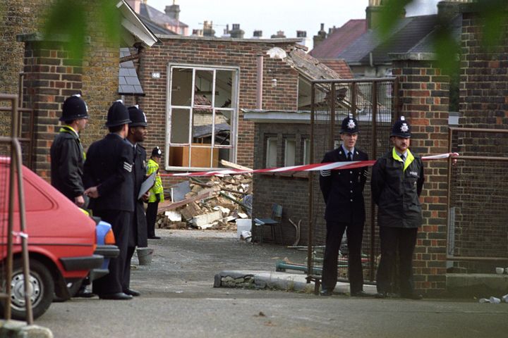 A police cordon at the scene of an IRA bomb blast at the Royal Marines School of Music in Walmer, Kent where 11 people were killed in 1989.