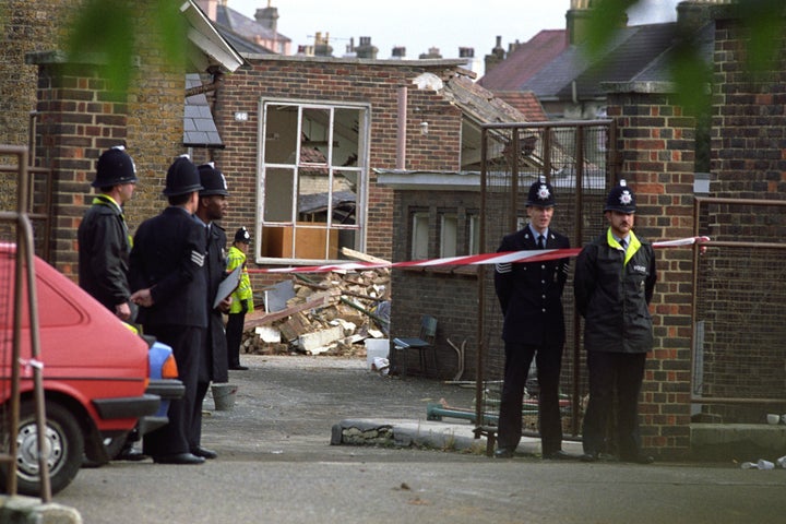 A police cordon at the scene of an IRA bomb blast at the Royal Marines School of Music in Walmer, Kent where 11 people were killed in 1989.