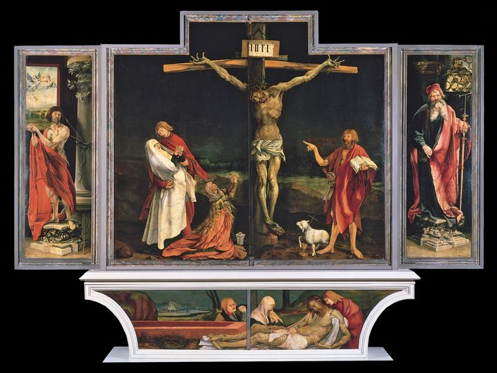 Πίνακας του Matthias Grunewald (c.1475-1528). Ο πίνακας αυτός φέρει πάνω του ένα παράδοξο σημείο∙ τη θέση του μαθητή Ιωάννη στον Σταυρό έχει πάρει ο Ιωάννης ο Πρόδρομος. Υπάρχει λόγος!