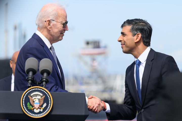 US President Joe Biden shakes hands with British Prime Minister Rishi Sunak last month.