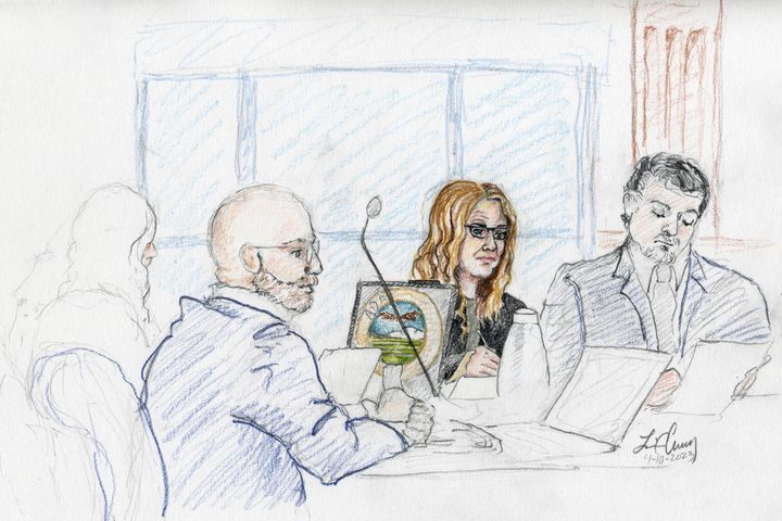 This courtroom sketch, from left, depicts Madison County prosecutor Rob Wood, Lori Vallow Daybell and defense attorney Jim Archibald during opening statements in Boise, Idaho, on Monday.