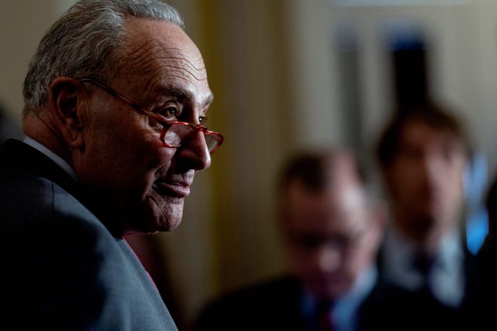 Senate Majority Leader Chuck Schumer (D-N.Y.) speaks to reporters following the weekly Senate Democratic policy luncheon on Capitol Hill on March 28.