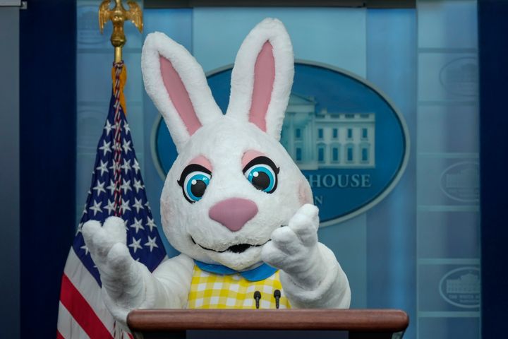 A costumed Easter bunny makes an appearance at the daily press briefing at the White House on April 10, 2023.