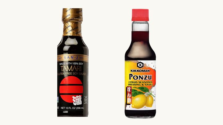 Tamari and ponzu are found alongside soy sauce in supermarkets.