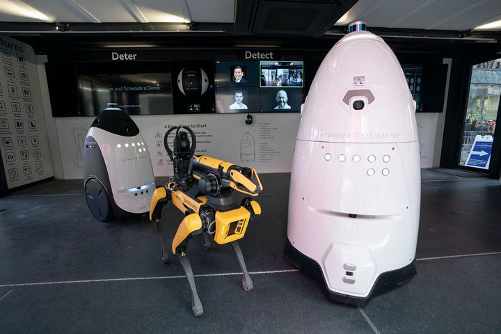 New NYPD policing technology, including "Digi Dog" (center) and a K5 Autonomous Security Robot (ASR), are pictured during a press conference in Times Square on Tuesday, April, 11, 2023, in Manhattan, New York. (Barry Williams/New York Daily News/Tribune News Service via Getty Images)