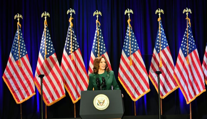 Vice President Kamala Harris, shown here delivering a speech in Tallahassee, Florida, on the 50th anniversary of the Supreme Court’s Roe v. Wade decision, will lead the announcement of a rule protecting women who seek legal abortions from criminal investigations.