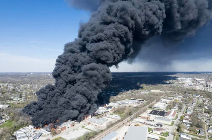Smoke is seen billowing from an industrial fire at a facility containing plastic and reportedly other recyclables in Richmond, Indiana.