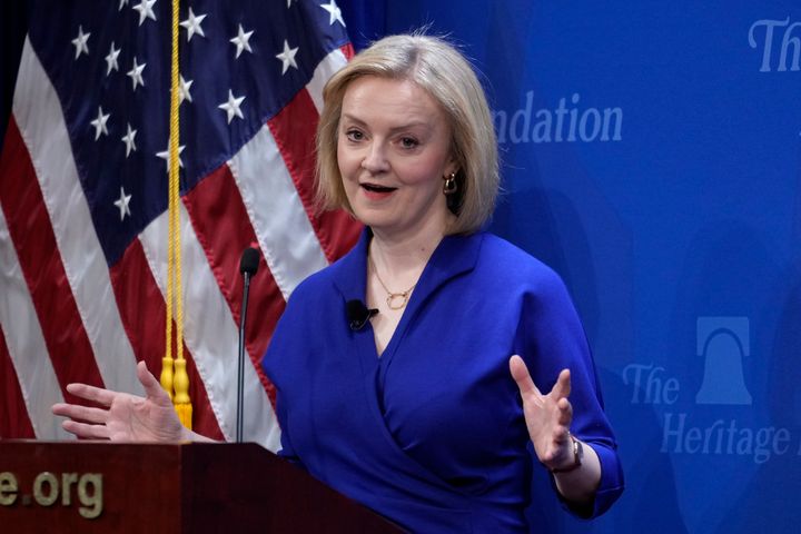 Former British prime minister Liz Truss delivers the 2023 Margaret Thatcher Freedom Lecture at The Heritage Foundation, a conservative policy institute in Washington.