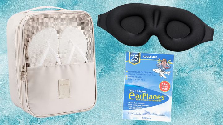 A shoe packing container, molded eye mask and travel ear plugs.