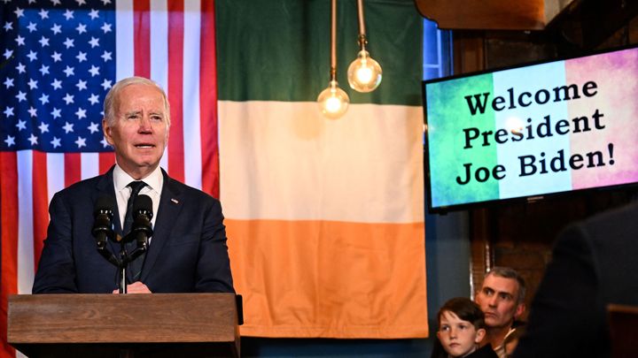 US president Joe Biden delivers a speech at the Windsor Bar in Dundalk, as part of a four days trip to Northern Ireland and Ireland for the 25th anniversary commemorations of the Good Friday Agreement.