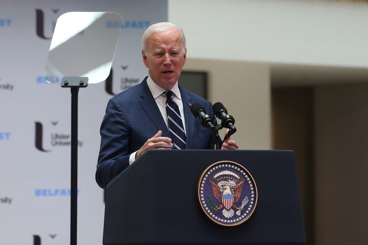US President Joe Biden delivers his keynote speech at Ulster University in Belfast, during his visit to the island of Ireland. Picture date: Wednesday April 12, 2023.