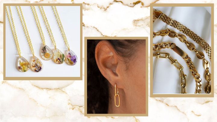 Birth month flower pendants, a pair of gold-filled cable link earringsand 18-karat-filled link bracelets.