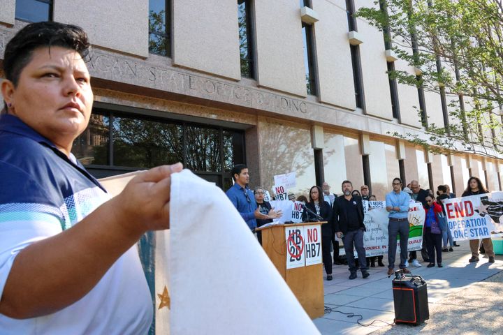 Civil rights groups, immigrant advocates and Democratic lawmakers gathered in Austin, Texas, on April 13 to protest a proposed state law that would create a volunteer police force to patrol the U.S.-Mexico border.