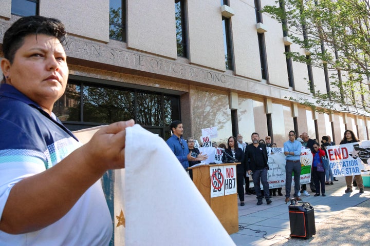 Civil rights groups, immigrant advocates and Democratic lawmakers gathered in Austin, Texas, on April 13 to protest a proposed state law that would create a volunteer police force to patrol the US-Mexico border.