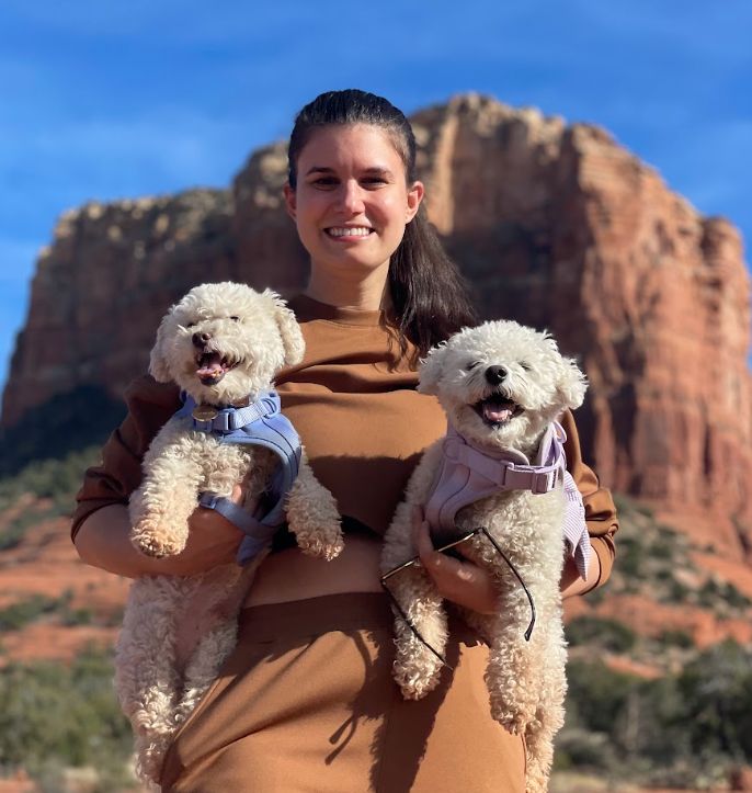 The author and her dogs pause for a photo in Sedona, Arizona, while on her road trip across the country during her year of Grieve Leave.