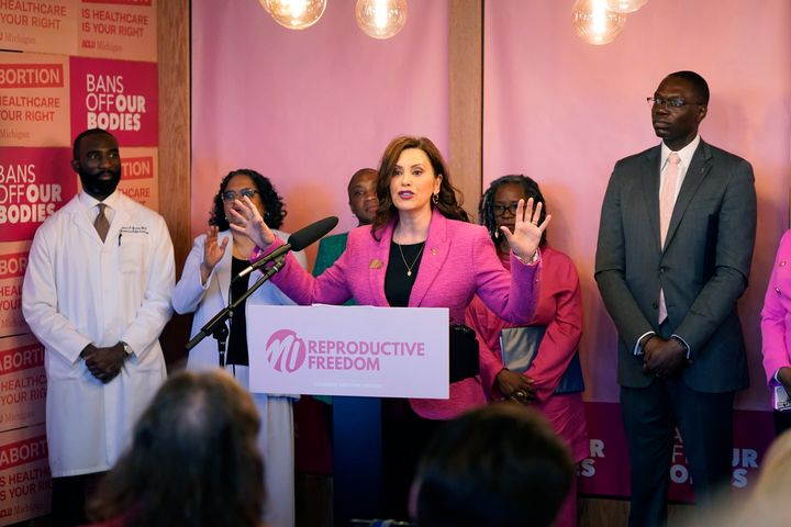 Michigan Gov. Gretchen Whitmer addresses supporters before signing legislation to repeal a 1931 abortion ban statute that criminalized abortion in nearly all cases during a bill signing ceremony, It was in the afternoon, in front of the cameras and media.