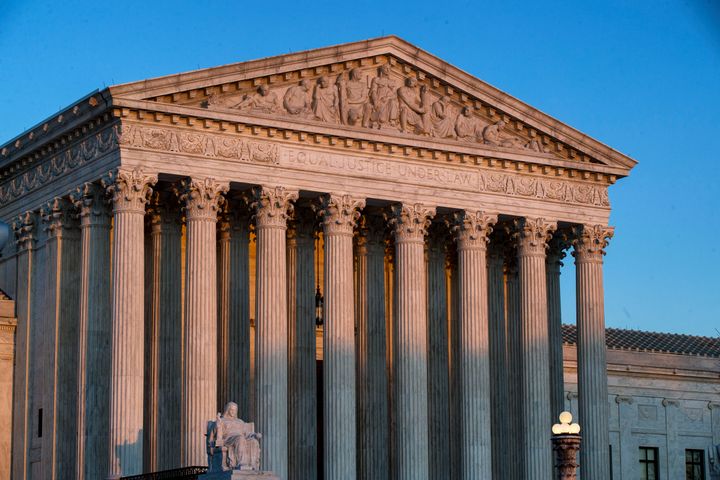 FILE - The U.S. Supreme Court is seen at sunset, March 27, 2019, in Washington. Dance Laboratories is asking the Supreme Court to preserve access to its abortion pill free from restrictions imposed by lower court rulings, while a legal fight continues. (AP Photo/Alex Brandon)