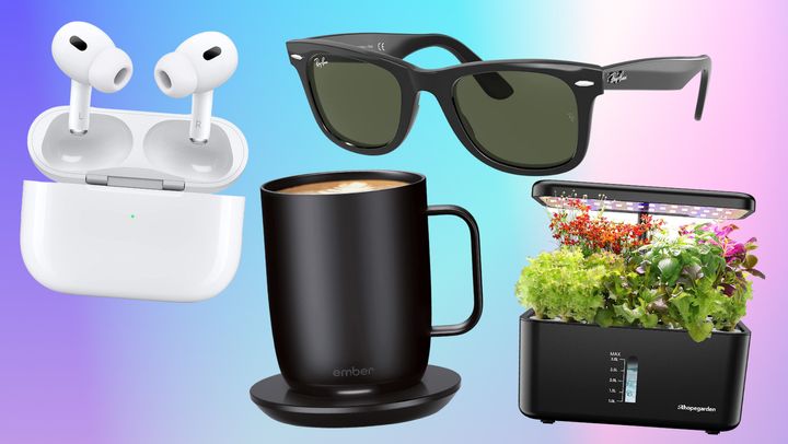 Airpods Pros, an Ember glass, Ray Bans and an indoor garden.