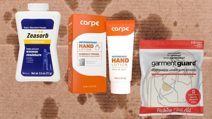Zeasorb moisture-absorbing powder, an antiperspirant hand cream and a pack of disposable underarm guards.