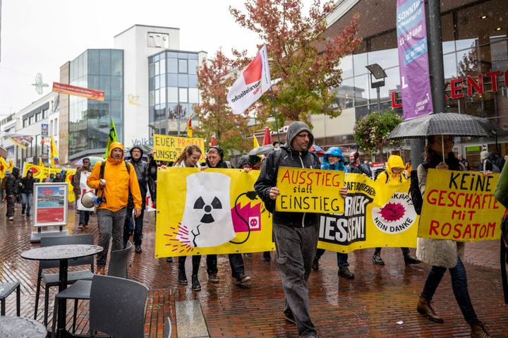 Opponents of nuclear power march last October from a train station in Lower Saxony, Germany, through the Lingen city center in a demonstration seeking an end to the uranium deals with Russia as well as a nuclear phaseout without lifetime extensions and decommissioning of the fuel element production in Lingen as well as uranium enrichment in Gronau in Westphalia and in Almelo in the Netherlands.