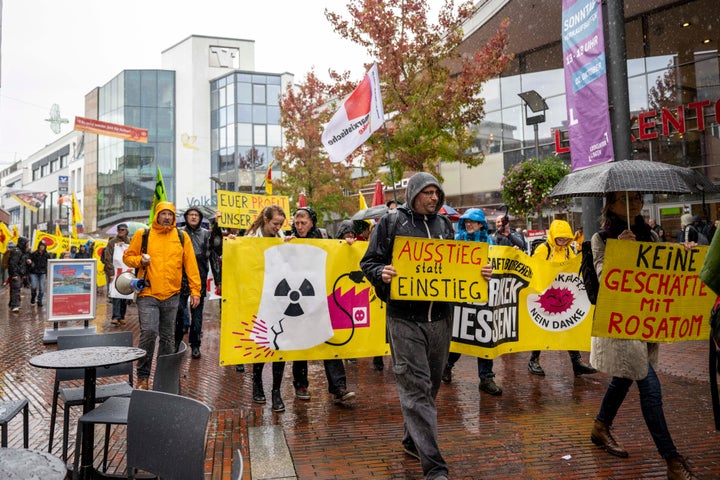 Opponents of nuclear power march last October from a train station in Lower Saxony, Germany, through the Lingen city center in a demonstration seeking an end to the uranium deals with Russia as well as a nuclear phaseout without lifetime extensions and decommissioning of the fuel element production in Lingen as well as uranium enrichment in Gronau in Westphalia and in Almelo in the Netherlands.