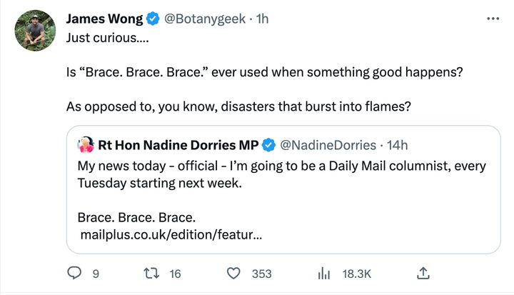 Another pointed out that shouting "brace brace brace" usually precedes disaster.