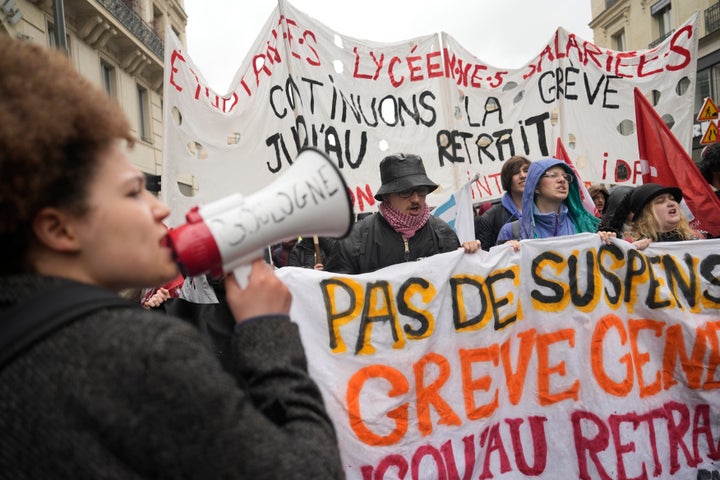 Students demonstrate Friday, April 14, 2023 in Paris.