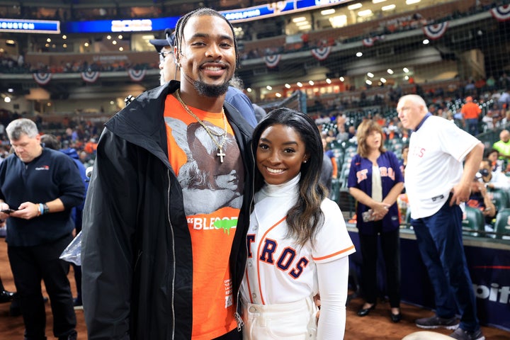 Biles and Owens at the 2022 Game 1 of the 2022 World Series on October 28, 2022, in Houston, Texas. The gymnast told the media that she and her fiancé intend to marry in 2023.