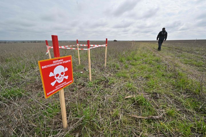 A HALO Trust de-miner walks by a mine field during work to clear a farm's land from explosives near the village of Yevgenivka, in the Mykolaiv region.