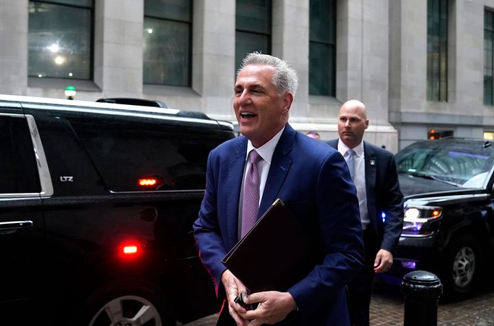 House Speaker Kevin McCarthy arrives on Wall Street Monday to deliver a speech on the economy at the New York Stock Exchange.