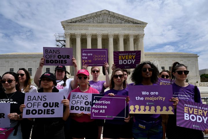 Abortion rights advocates rally outside the US Supreme Court on April 14 in Washington, D.C., speaking out against abortion pill restrictions.