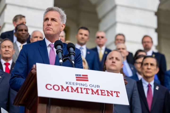 House Speaker Kevin McCarthy speaks Monday at a rally marking the 100th day of Republican control of the U.S. House. McCarthy has said Republicans won’t support a debt limit increase unless Democrats and President Joe Biden agree to major spending cuts.
