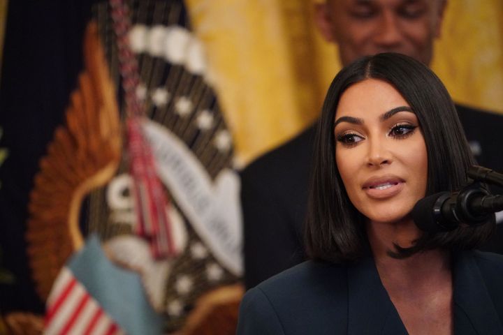 Kim Kardashian speaks in the East Room of the White House on June 13, 2019. She was invited by then-President Trump to speak on criminal justice reform.