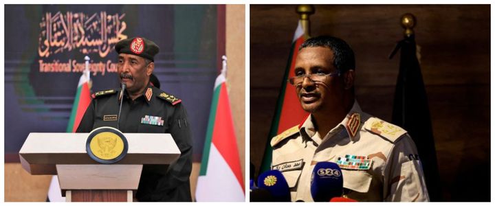 Οι πρωταγωνιστές της σύγκρουσης στο Σουδάν. Αριστερά ο στρατηγός του στρατού Αμπντέλ Φατάχ αλ-Μπουρχά (Photo credit via Associated Press) - Δεξιά ο αρχηγός των Δυνάμεων Ταχείας Υποστήριξης (RSF), στρατηγός Μοχάμεντ Χάμνταν Νταγκάλο, κοινώς γνωστός ως Χεμεντί.(Photo credit MOHAMED NURELDIN ABDALLAH via Reuters)