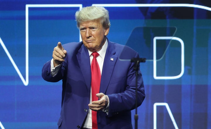 Donald Trump speaks to guests at the 2023 NRA-ILA Leadership Forum in Indianapolis, Indiana, on Friday.