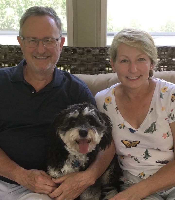 The author, his wife Joanne and their mini-bernedoodle, Cookie, in July 2020.