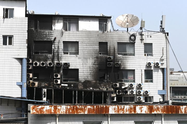 Fire damage is seen at the Changfeng Hospital in Beijing on April 19, 2023, after a fire broke out a day earlier. 