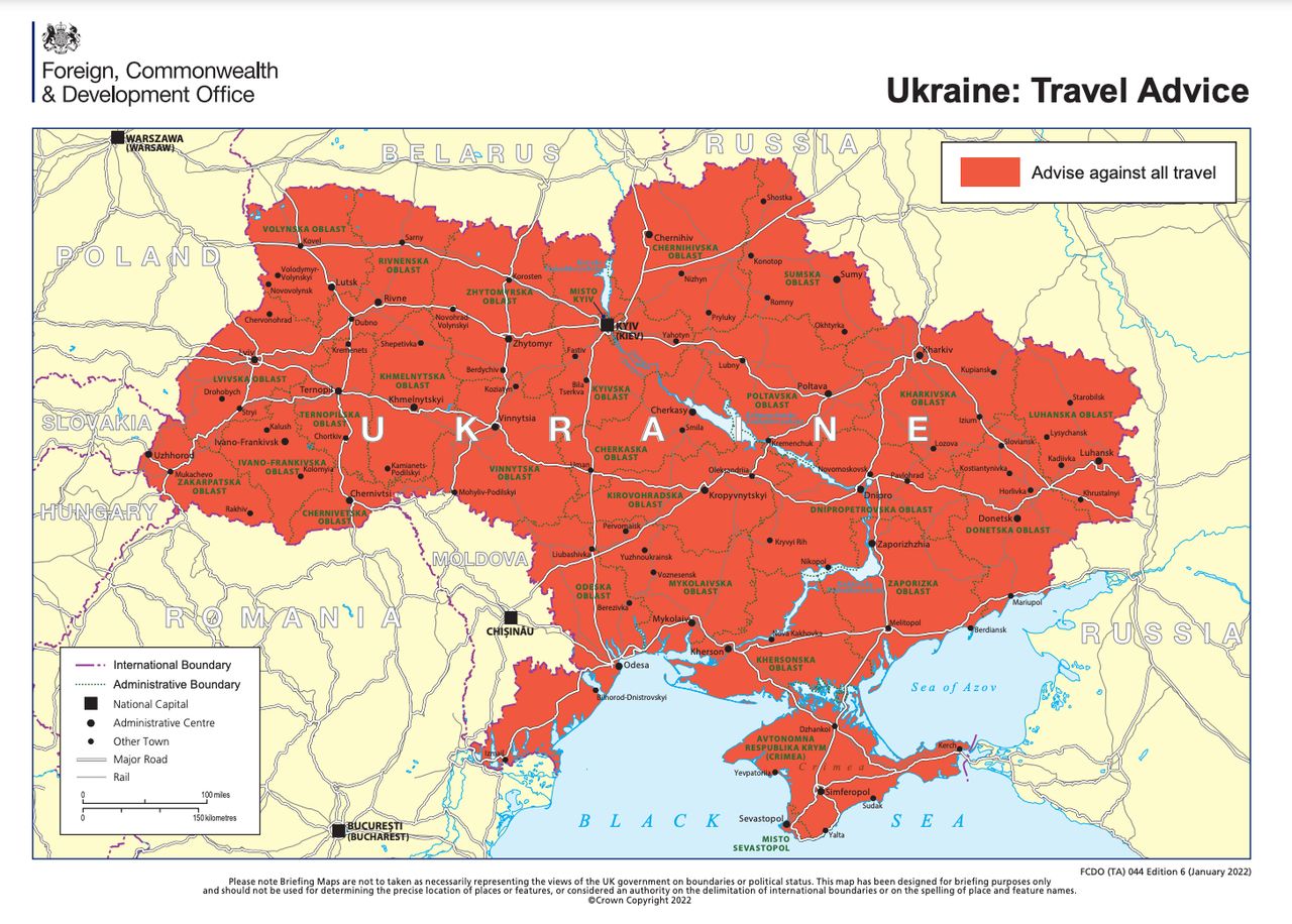 The UK government advises against any travel to Ukraine right now