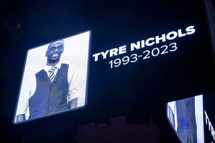 FILE - The screen at the Smoothie King Center in New Orleans honors Tyre Nichols before an NBA basketball game between the New Orleans Pelicans and the Washington Wizards, Jan. 28, 2023. Four of five former Memphis police officers charged in the killing of Nichols, a Black man who was handcuffed, brutally beaten and ignored by first responders for minutes despite being barely conscious, can no longer work as law enforcement in Tennessee.
