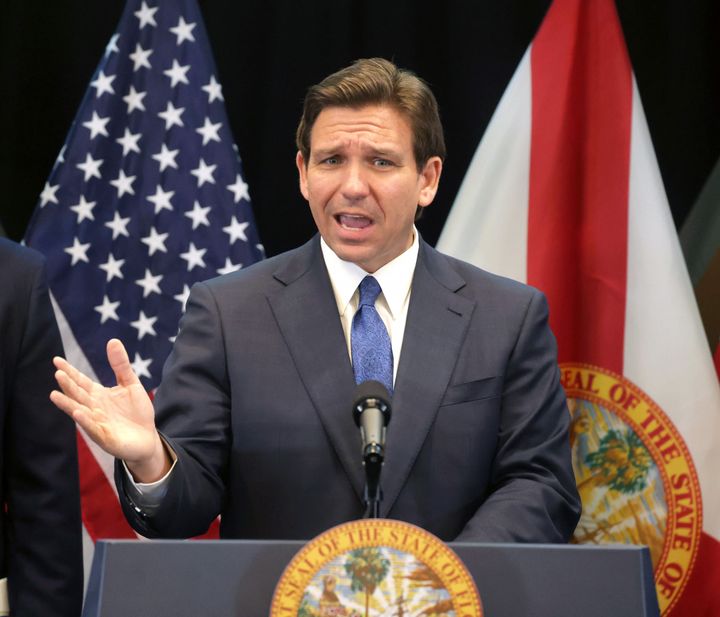 Florida Gov. Ron DeSantis responds to a question during a press conference at the headquarters of the former Reedy Creek Improvement District that a newly appointed board now calls the Central Florida Tourism Oversight District, in Lake Buena Vista, Florida, Monday, April 17, 2023.