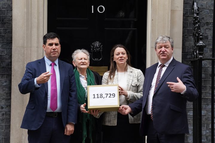 Labour's Richard Burgon, the Green Party's Jenny Jones, Lib Dems Sarah Green and Alistair Carmichael hands in a petition signed by over 100,000 people to 10 Downing Street asking the government to scrap voter ID requirements.